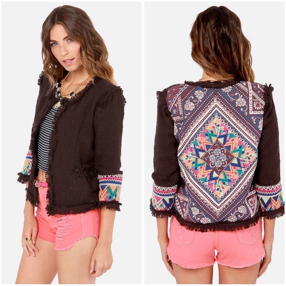 Billabong Lou Floral Embroidered Black Multicolored Cropped Jacket Size Medium